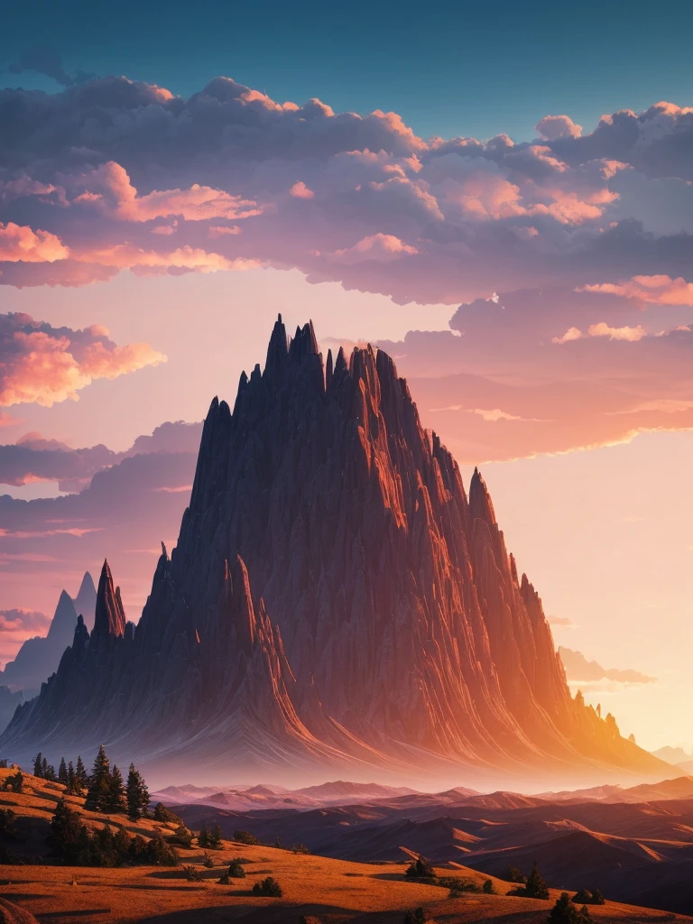 a sunset view of mountains and trees in the distance, a digital painting inspired by Mike Winkelmann, trending on behance, pixel art, beeple and mike winkelmann, realism | beeple, mountainscape, mountain sunrise, art contest winner on behance, digital art. artstation, beeple daily art, mountains and sunset!!