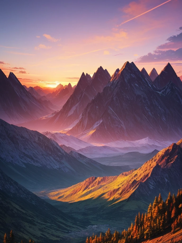 a sunset view of mountains and trees in the distance, inspired by Mike Winkelmann, by Christopher Balaskas, by Justin Gerard, by Mike Winkelmann, by Andrei Kolkoutine, beeple and mike winkelmann, realism | beeple, mountainscape, mountain sunrise, by miles johnston, art contest winner on behance