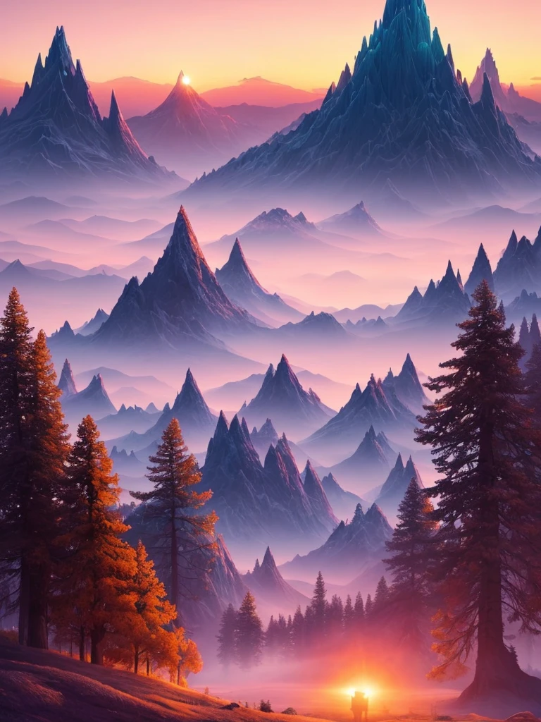 a sunset view of mountains and trees in the distance, inspired by Mike Winkelmann, by Christopher Balaskas, by Justin Gerard, by Mike Winkelmann, by Andrei Kolkoutine, beeple and mike winkelmann, realism | beeple, mountainscape, mountain sunrise, by miles johnston, art contest winner on behance