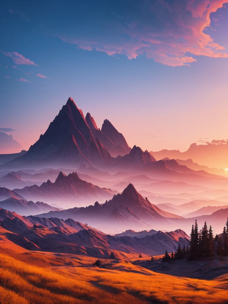 a sunset view of mountains and trees in the distance, inspired by Mike Winkelmann, by Christopher Balaskas, by Justin Gerard, by Mike Winkelmann, by Andrei Kolkoutine, beeple and mike winkelmann, realism | beeple, mountainscape, mountain sunrise, by miles johnston, art contest winner on behance