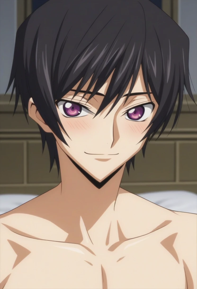 score_9, score_8_up, score_7_up, source_anime, rating_safe, intricate details, anime screencap, , , looking at viewer, depth of field, 1boy, solo, male focus, lelouch_lamperouge, black hair, purple eyes, hair between eyes, bangs, smile, blush, cute, naked, bed room, night,