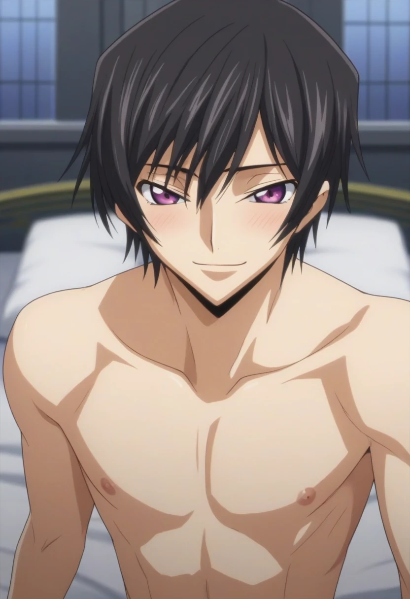 score_9, score_8_up, score_7_up, source_anime, rating_safe, intricate details, anime screencap, , , looking at viewer, depth of field, 1boy, solo, male focus, lelouch_lamperouge, black hair, purple eyes, bangs, smile, blush, cute, naked, castle, bed room, night.