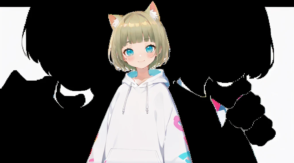 An unprecedented number of draws、Blonde、Cat ear、Pink hoodie、high quality、Colorful color palette、high resolution、pretty girl、 Pink hoodie、An unprecedented number of draws、Anime Style、Geometric background、Sticker Style、short hair、Blonde、Turquoise Eyes, Messy Hair, Pink hoodie、髪と同じ色のCat ear、front, Hands posing, Until death, Bondage, Baggy clothes