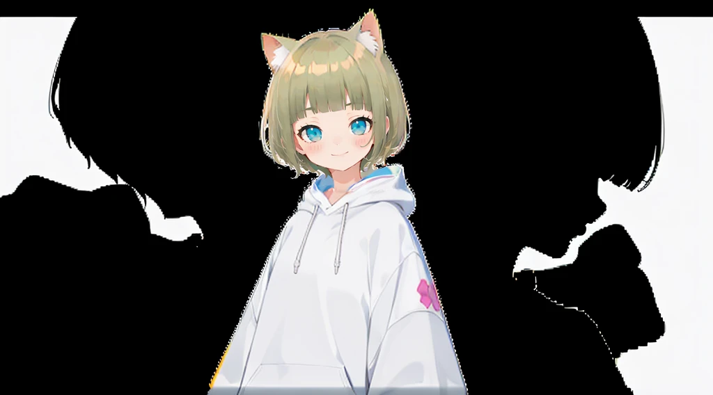 An unprecedented number of draws、Blonde、Cat ear、Pink hoodie、high quality、Colorful color palette、high resolution、pretty girl、 Pink hoodie、An unprecedented number of draws、Anime Style、Geometric background、Sticker Style、short hair、Blonde、Turquoise Eyes, Messy Hair, Pink hoodie、髪と同じ色のCat ear、front, Hands posing, Until death, Bondage, Baggy clothes