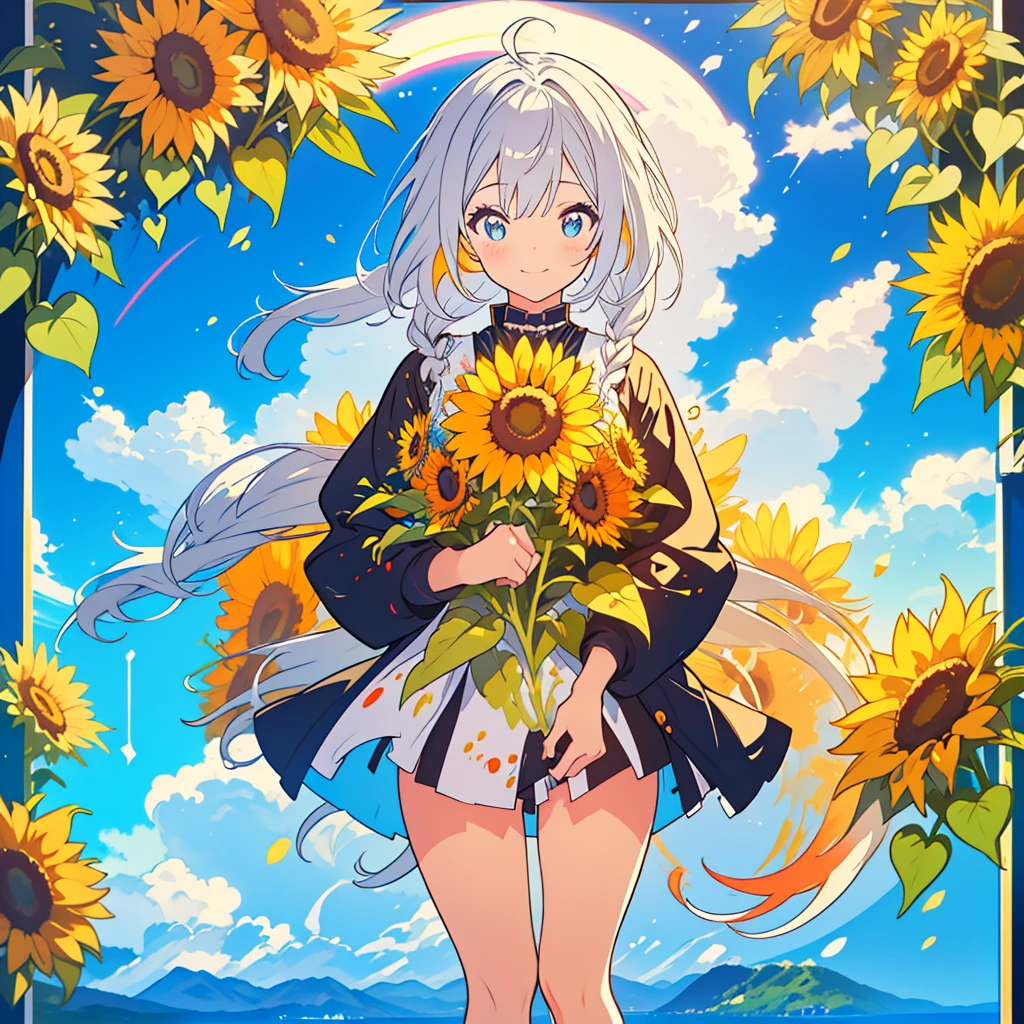 kawaii, anime, Cute, hyper quality, highly detailed, 16k, Front facing, Clarity, full body, one twenty year old woman, stain the whole thing with colorful ink, Shining long silver hair, lapis lazuli eyes, paint color, countless sunflowers, surrounded by sunflowers, Trapped inside a Van Gogh painting, cool beauty, paint, black butler uniform, hold the brush, live inside the canvas, art supplies, oil, wonder, twist, rainbow colored sunflowers, Richly colored, Brightly colored sunflowers, highlight on eyes, smile, splattered ink, scribble, countless handwritings, color palette, ink splash, long hair flowing, Draw eyes clearly, art, canvas stained with ink, 	