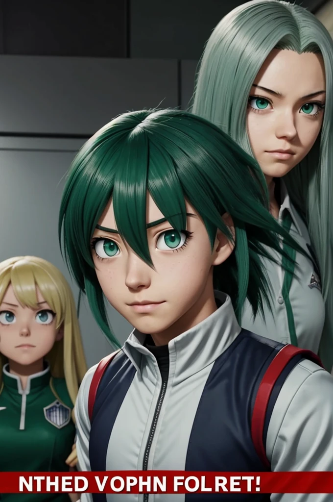 Screenshot of my hero academia.
long green hair girl, He has gray eyes and has a serious expression. He is wearing the UA uniform and in the background he has a UA school class 