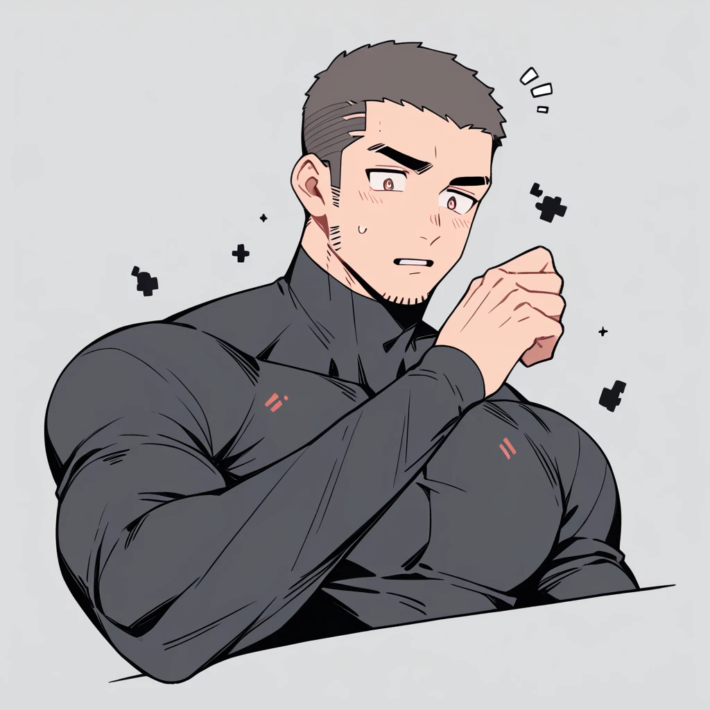 anime characters：Priapus, Muscle Sports Student, Buzz Cut, Manliness, male focus, Dark black high collar long sleeve tight T-shirt, Very tight, Round, full and perky chest muscles, muscular male, muscular, only, Upper body, alone, Black short hair, Thick eyebrows, stubble, Brown-red pupils, Grey background, simple background, amazing quality, best aesthetics, Ridiculous, crew cut, parted lips, flustered, endured face, best quality