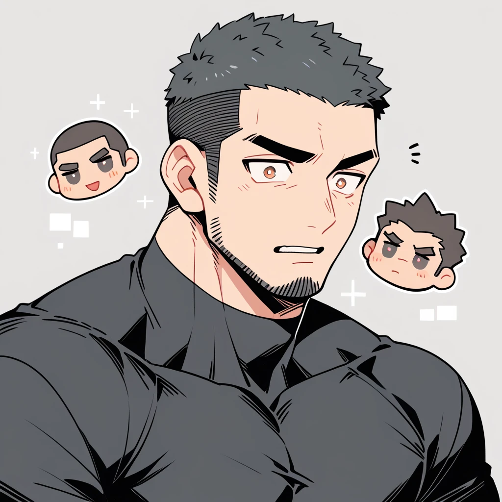 anime characters：Priapus, Muscle Sports Student, Buzz Cut, Manliness, male focus, Dark black high collar long sleeve tight T-shirt, Very tight, Round, full and perky chest muscles, muscular male, muscular, only, Upper body, alone, Black short hair, Thick eyebrows, stubble, Brown-red pupils, Grey background, simple background, amazing quality, best aesthetics, Ridiculous, crew cut, parted lips, flustered, endured face, best quality