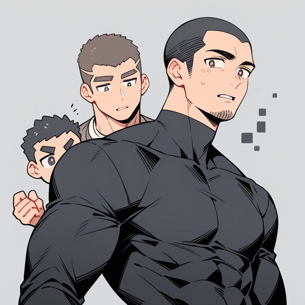 anime characters：Priapus, Muscle Sports Student, Buzz Cut, Manliness, male focus, Dark black high collar long sleeve tight T-shirt, Very tight, Round, full and perky chest muscles, muscular male, muscular, only, Upper body, alone, Black short hair, Thick eyebrows, stubble, Brown-red pupils, Grey background, simple background, amazing quality, best aesthetics, Ridiculous, crew cut, parted lips, flustered, endured face, best quality