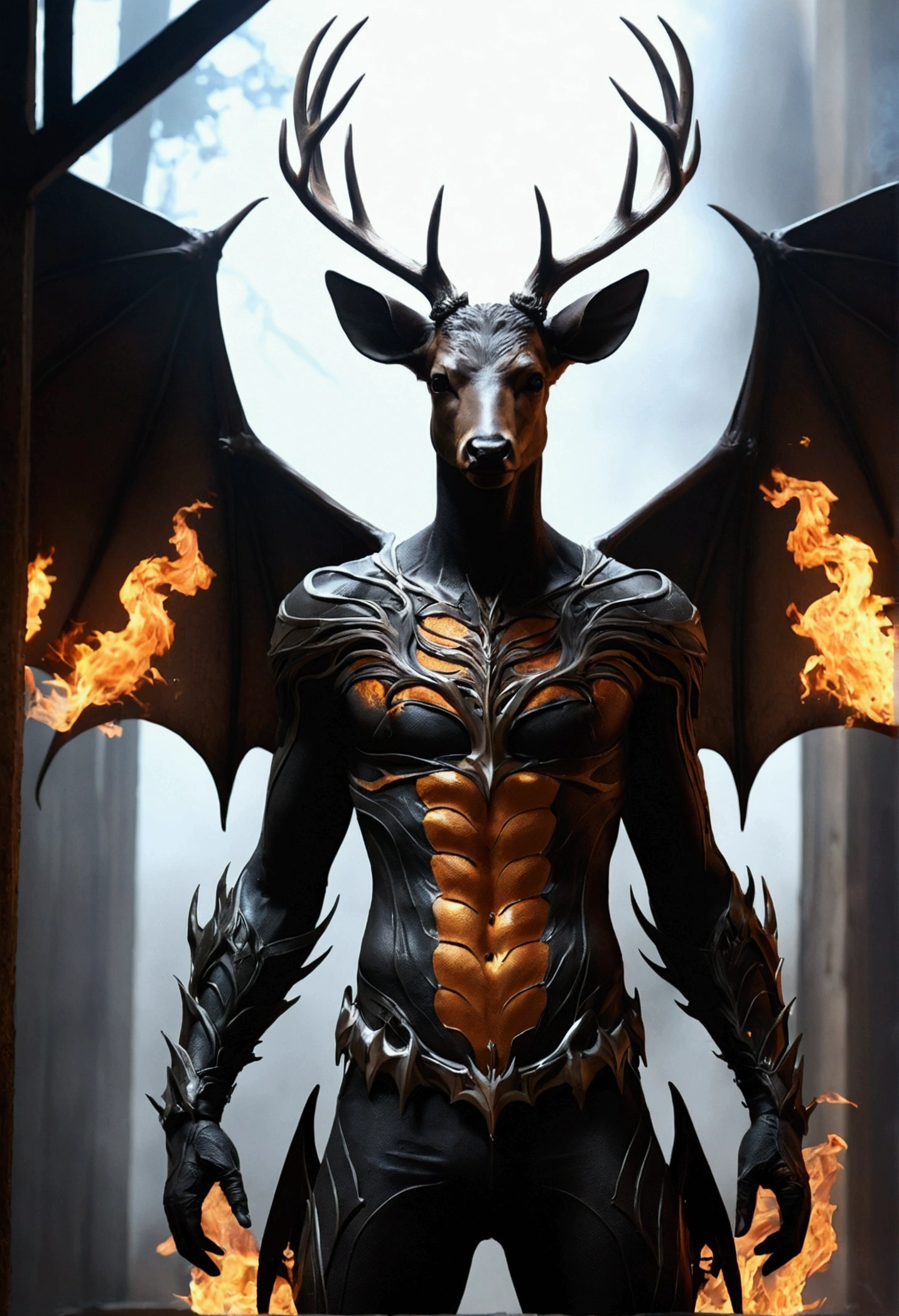 deer、bat wings on the back,、Human-like front legy ass is on fire、Bad face、hell