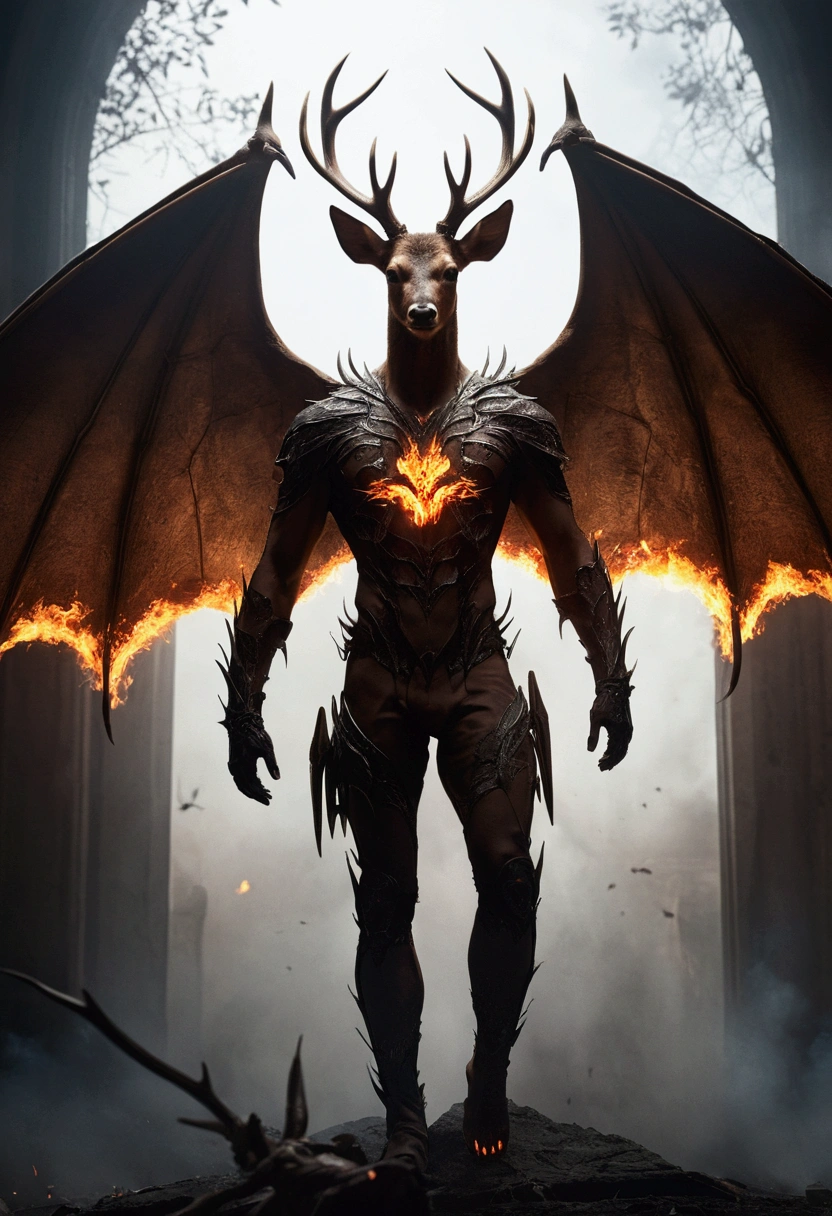 deer、bat wings on the back,、Human-like front legy ass is on fire、Bad face、hell