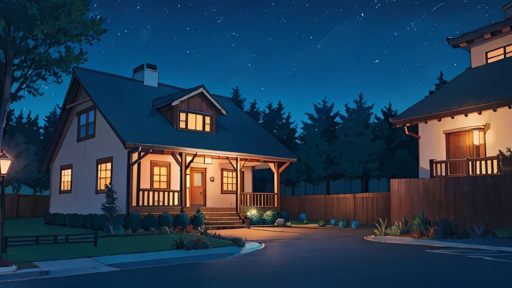 a large street between 2 houses at night, the houses have a grass in front of them, no humans, no persons