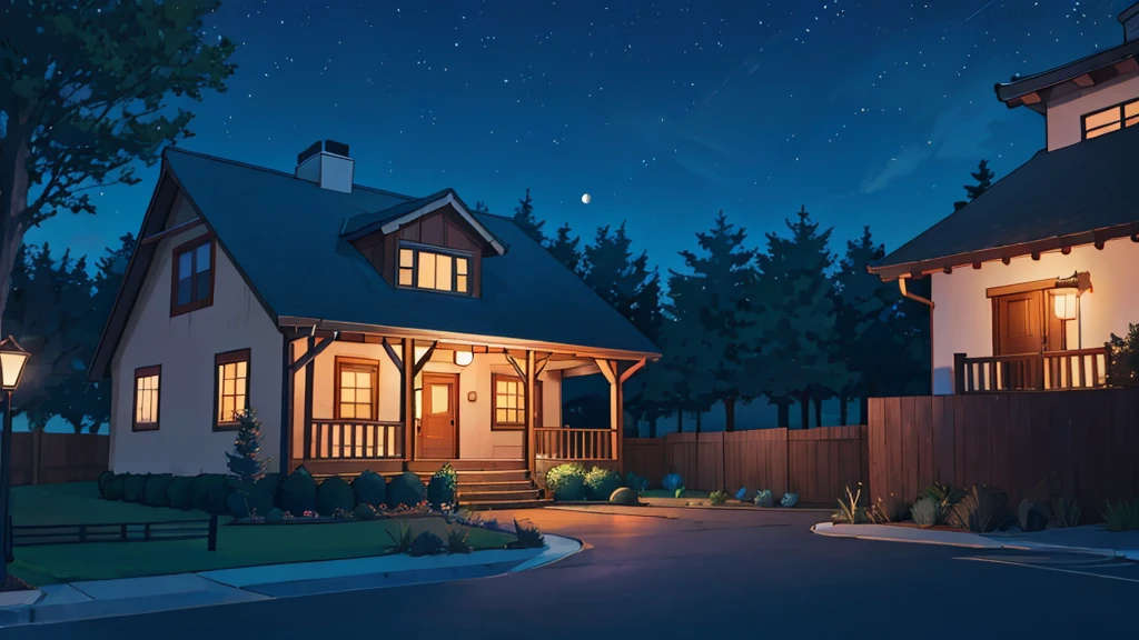 a large street between 2 houses at night, the houses have a grass in front of them, no humans, no persons
