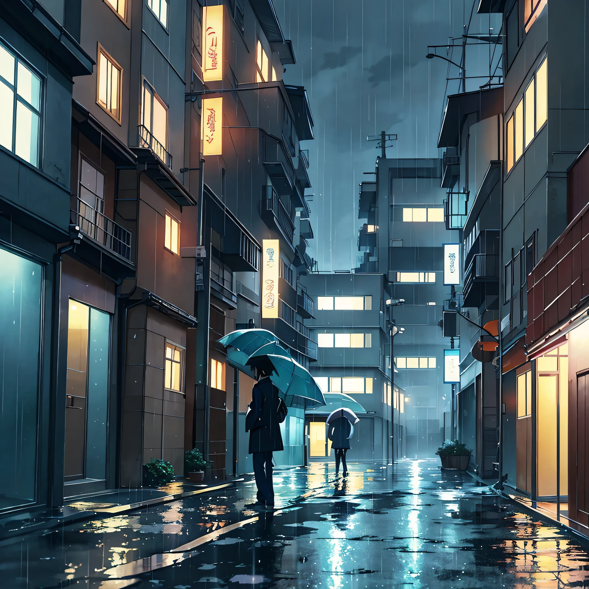 Morning,An apartment downstairs,In heavy rain,There were no people on the streets,Only torrential rain poured down,the night,concept art inspired by Makoto Shinkai,best qualtiy,beautiful anime scenes,anime scene,Movie anime scenes,the night,Fantasy anime,atmospheric anime,Detail Enhancement。