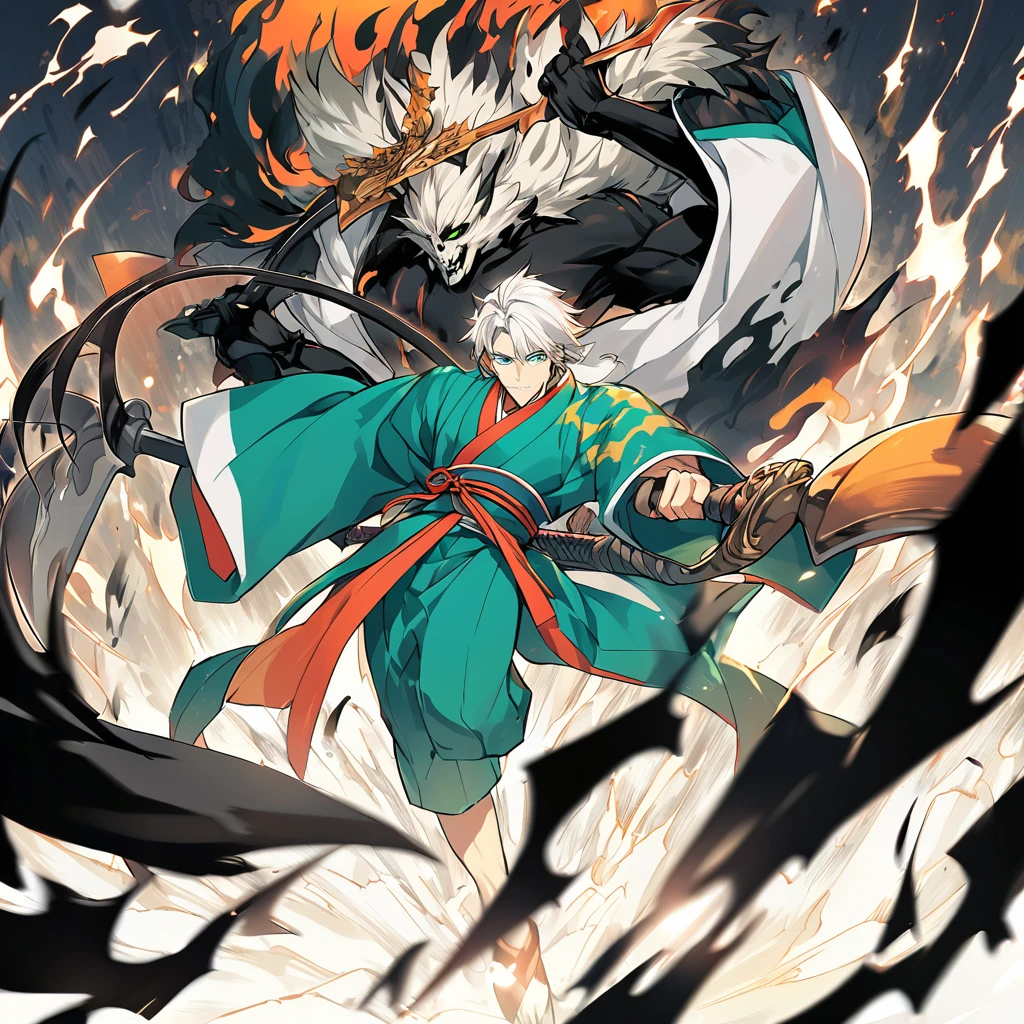 1 young boy, male focus, details Intricate, 1 men, bonitas, White hair, vibrant green eyes, slim muscles, アニメ, 19yearsold, 19 years, a small goatee, kimono de Shinigami, Shinigami, bleach style, bleach, regatta, kimono, bleach, bleach style, sickle ( uma sickle de tamanho mediano poderosa e afiada), sickle (fazendo cortes com a sickle saindo chamas pretas) chamapretass,Black flames, (o personagem esta em pé fazendo ataques com sua sickle mediana, using black fire attacks) .