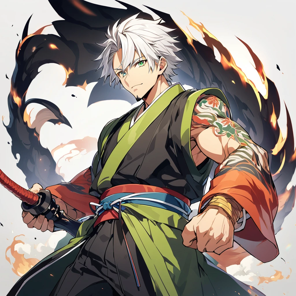 1 young boy, male focus, details Intricate, 1 men, bonitas, White hair, vibrant green eyes, slim muscles, アニメ, 19yearsold, 19 years, a small goatee, kimono de Shinigami, Shinigami, bleach style, bleach, regatta, kimono, bleach, bleach style, sickle ( uma sickle de tamanho mediano poderosa e afiada), sickle (fazendo cortes com a sickle saindo chamas pretas) chamapretass,Black flames, (o personagem esta em pé fazendo ataques com sua sickle mediana, using black fire attacks) .