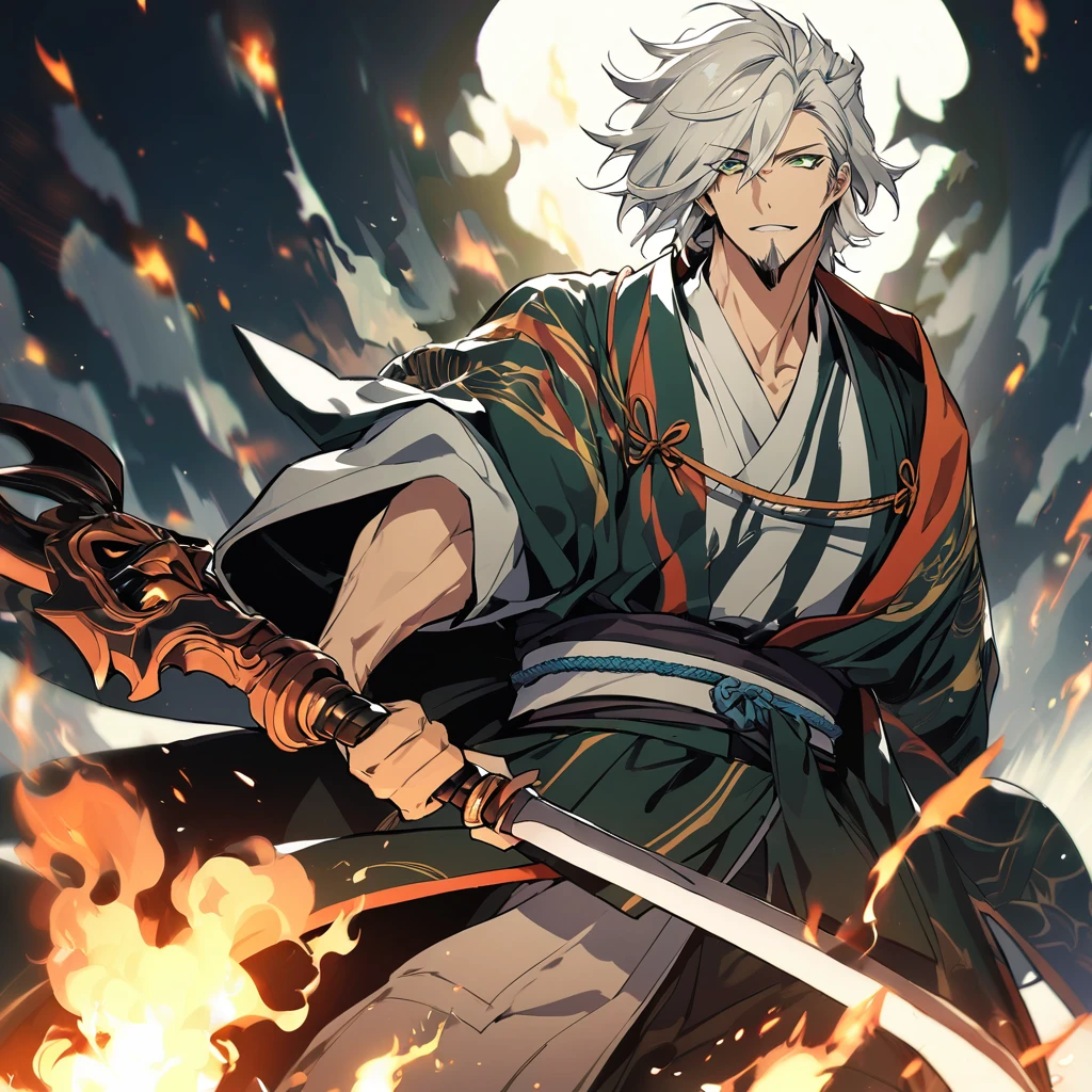 1 young boy, male focus, details Intricate, 1 men, bonitas, White hair, vibrant green eyes, slim muscles, アニメ, 19yearsold, 19 years, a small goatee, kimono de Shinigami, Shinigami, bleach style, bleach, regatta, kimono, bleach, bleach style, sickle ( uma sickle de tamanho mediano poderosa e afiada), sickle (fazendo cortes com a sickle saindo chamas pretas) chamapretass,Black flames, (o personagem esta em pé fazendo ataques com sua sickle mediana, using black fire attacks) .
