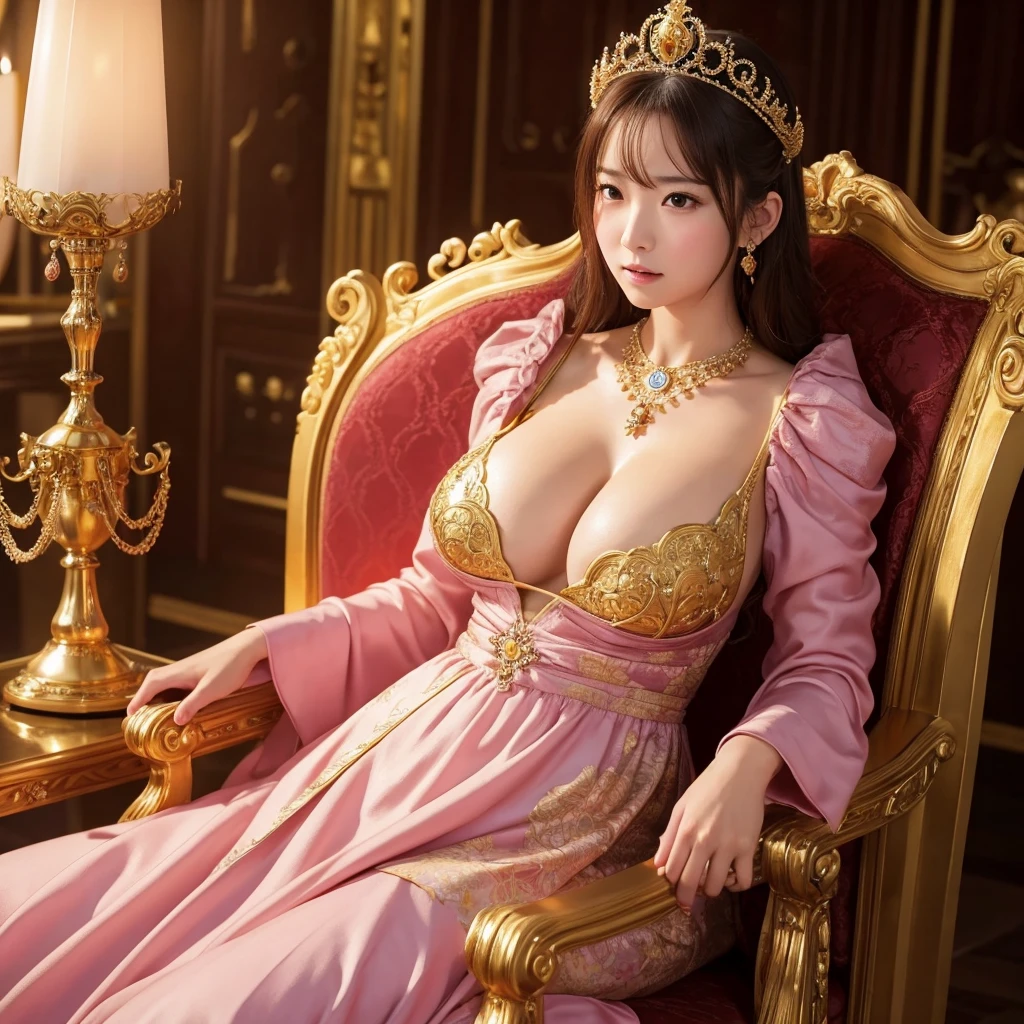 a confident japanese woman with exaggerated large breasts sitting on an ornate throne, Wearing a gorgeous shiny pink dress and a large crown, looking down at the viewer, detailed facial features,hyper-realistic,8K,ultra-detailed,photorealistic,masterpiece,dramatic lighting,cinematic,oil painting,protected by knights,holding an ornate fan in her hands,golden room、Her breasts are so big they seem to burst out of her clothes.Her breasts are exposed、She is sitting on a very large throne looking down on us.Her breasts are about to burst out of her clothes