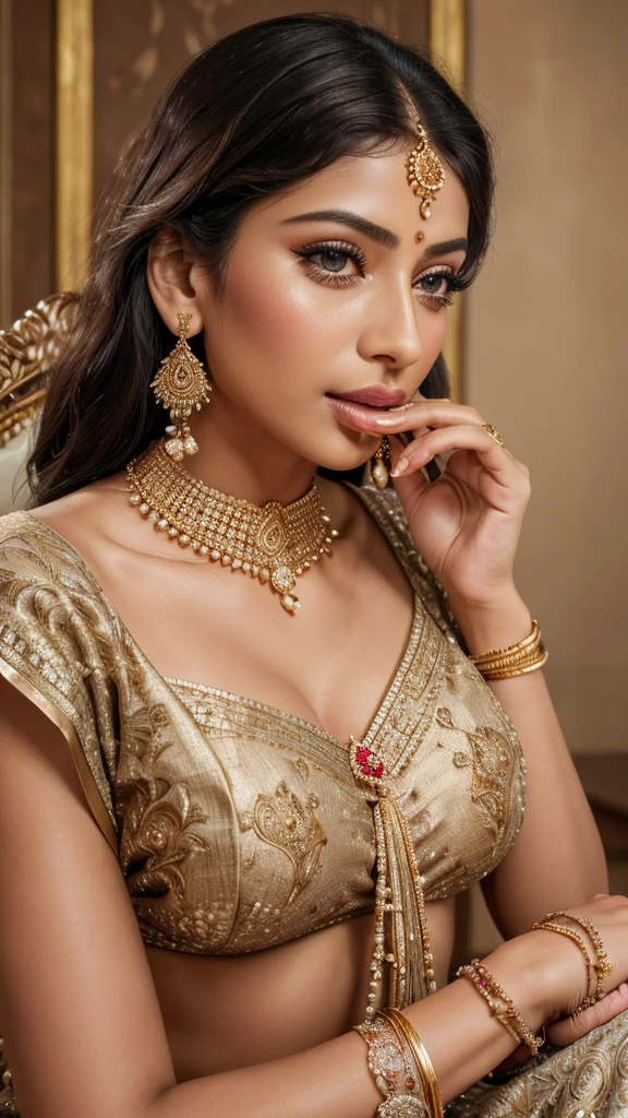 (best quality,4k,highres,masterpiece:1.2), realistic, detailed eyes and face, beautiful detailed lips, long eyelashes, elegant, graceful, confident, soft lighting, vibrant colors, traditional Indian backdrop, intricate embroidery, delicate jewelry, sparkling gems, gold bangles, dangling earrings, soft flowing fabric. She doing Realistic blowjob, sucking huge cock.