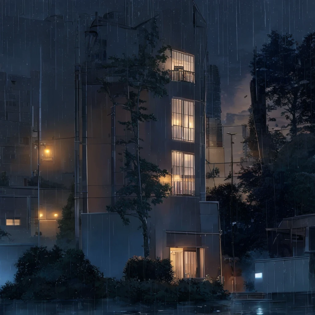 Morning,An apartment downstairs,In heavy rain,There were no people on the streets,Only torrential rain poured down,the night,concept art inspired by Makoto Shinkai,best qualtiy,beautiful anime scenes,anime scene,Movie anime scenes,the night,Fantasy anime,atmospheric anime,Detail Enhancement。
