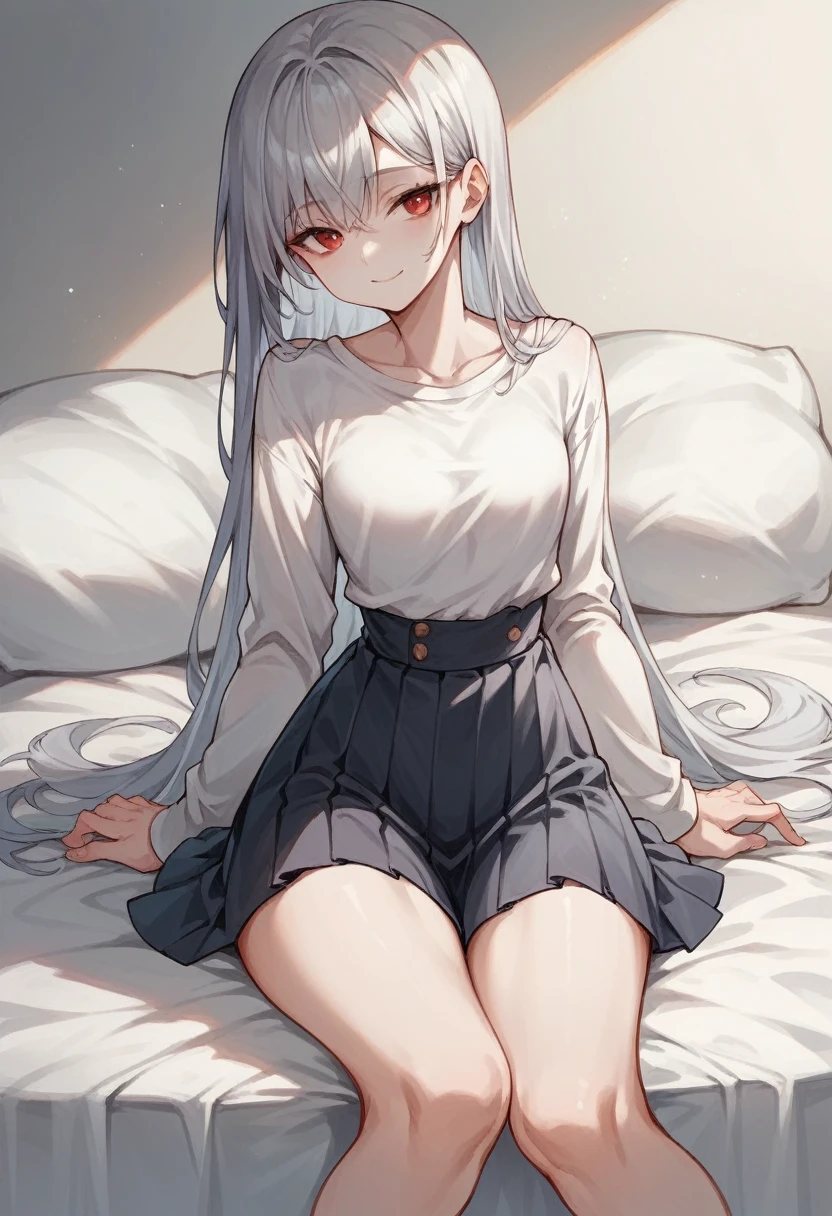 Girl sitting on bed（The girl has long silver hair　Shoulder length　She is wearing a white shirt and a black pleated skirt　White skin　tall　With bangs　Beautiful face　Thin legs　Small waist, slightly large chest　Smiling　Silver Hair　Anime Style ）