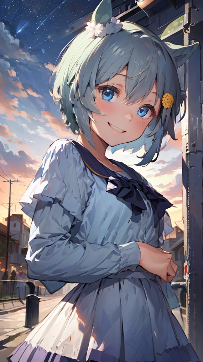 masterpiece, Highest quality, High resolution, Very detailed,(((Seiun Sky))), Beautiful blue dress、blue flower、smile、Skirt fluttering in the wind、Night Sky、meteor、Beautiful Eyes、Thin body type、thin