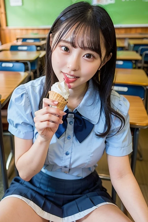 Tabletop, Highest quality, figure, Super detailed, In detail, High resolution, 8k wallpaper, Perfect dynamic composition, 1 beautiful girl, Beautiful attention to detail, (Look at the parfait), Girly blue blouse, short Hair, slender chest, Natural color lip, Random Pause, toothy smile, Open your mouth:1.2, 20-year-old girl, sit, One girl, alone, eat, Holding food, Realistic,(licking ice cream, ice cream cone:1.35)、(Beautiful Japanese Girls:1.3)、(School uniform,bow:1.35)、(Panty shot,cameltoe,droppy big eyes)、(high school),(Dark blue skirt:1.3)、(sitting with spreading legs in the classroom:1.25)