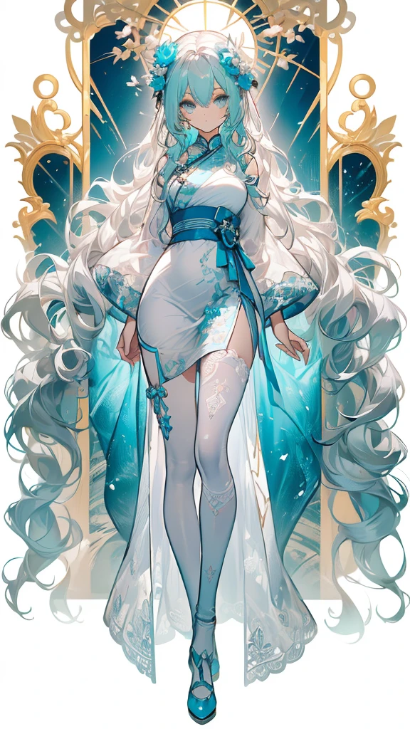 ((masterpiece, best quality)), Delicate face,Snake Woman,Full body painting,Perfect body proportions,Long legs,((Long wavy hair)), ((Half of her hair is white,The other half is cyan,Available in two colors)),beautiful eyes,Fantasy style,White background,transparent,cheongsam,Lace,Garter, transparent clothing
