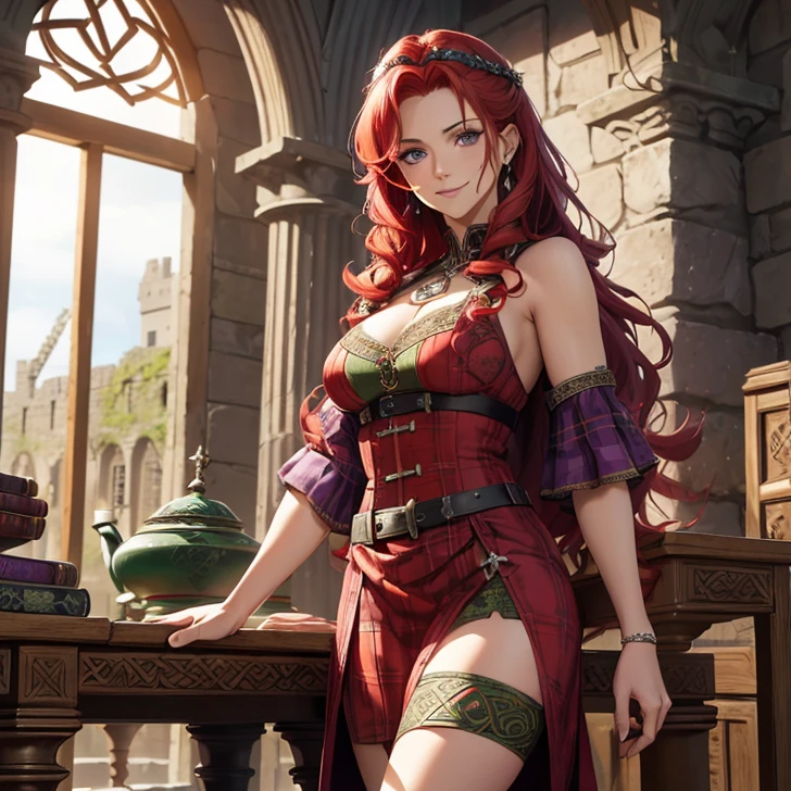 (absurdres, high fantasy artwork, best high quality image, carefuly detailed, very detailed features and textures) solo character
60 years old barbarian woman milf, long curly braided red hair, purple eyes, medium big breasts, (green scottish shirt, medium pink scottish skirt)
Smiling, cheerful, kind and wise, doing a confident and brave pose with her hands on her hips
Wooden irish cotage with ancient greek forniture and celtic forniture