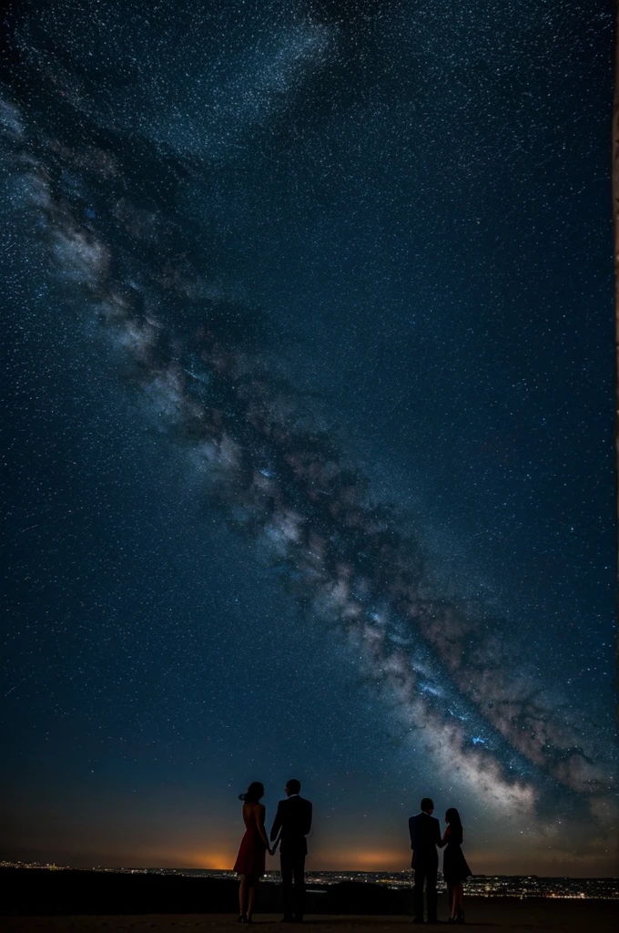 At night, two couples are holding each other and looking at the beautiful sky with all kinds of stars
