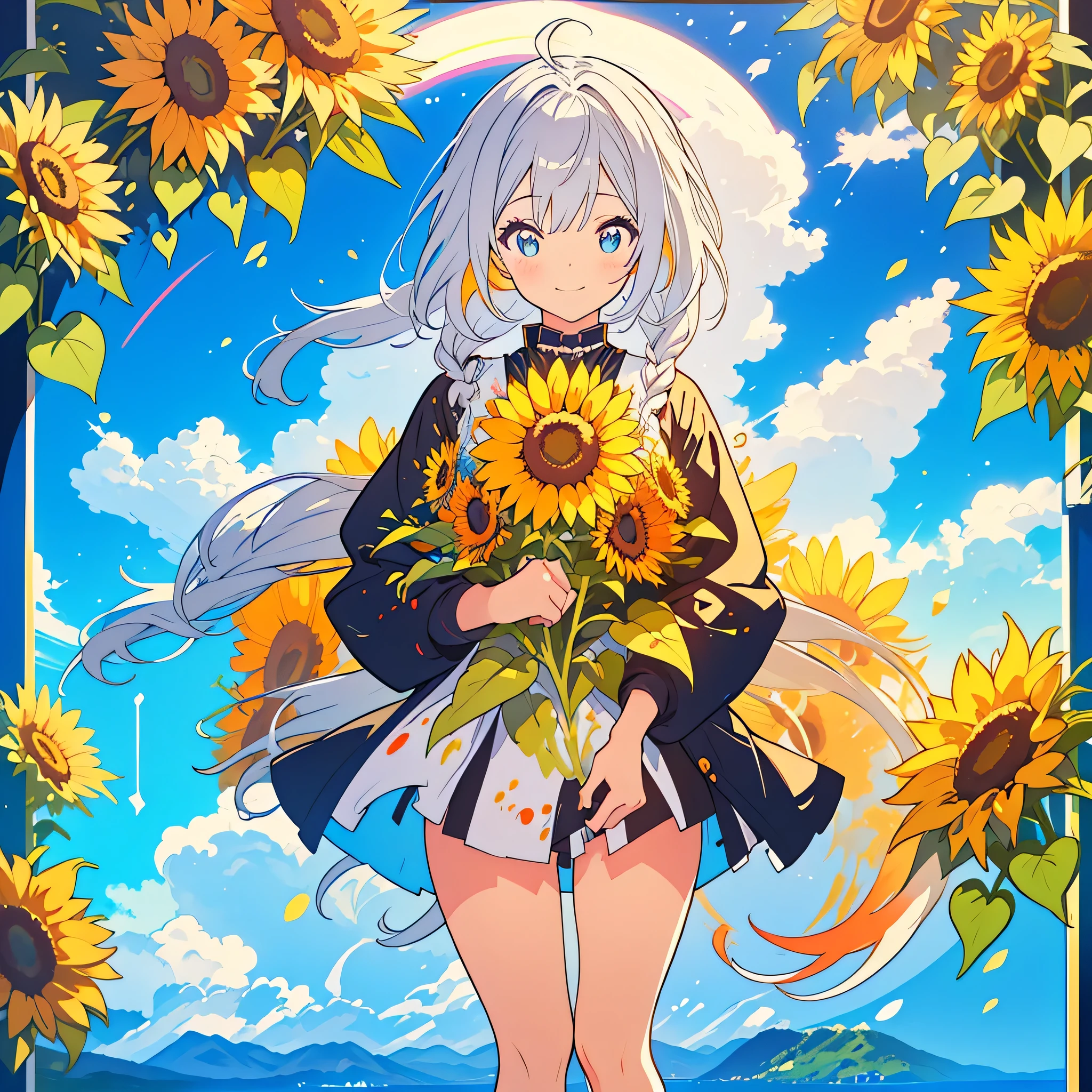kawaii, anime, Cute, hyper quality, highly detailed, 16k, Front facing, Clarity, full body, one twenty year old woman, stain the whole thing with colorful ink, Shining long silver hair, lapis lazuli eyes, paint color, countless sunflowers, surrounded by sunflowers, Trapped inside a Van Gogh painting, cool beauty, paint, black butler uniform, hold the brush, live inside the canvas, art supplies, oil, wonder, twist, rainbow colored sunflowers, Richly colored, Brightly colored sunflowers, highlight on eyes, smile, splattered ink, scribble, countless handwritings, color palette, ink splash, long hair flowing, Draw eyes clearly, art, canvas stained with ink, 	