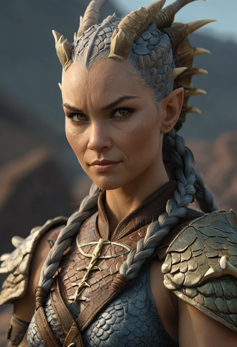 ((full body))Hyperrealistic art female human dragon hybrid, covered in matte scales as skin, extreme close-up, striking reptilian eyes, dragon horns, bald, braided ponytail, exudes confidence and power, sunet, rim lighting, cold colors. style of Don Lawrence, style of (Will Murai:1.2), style of (Greg Rutkowski:0.8), . Extremely high-resolution details, photographic, realism pushed to extreme, fine texture, incredibly lifelike