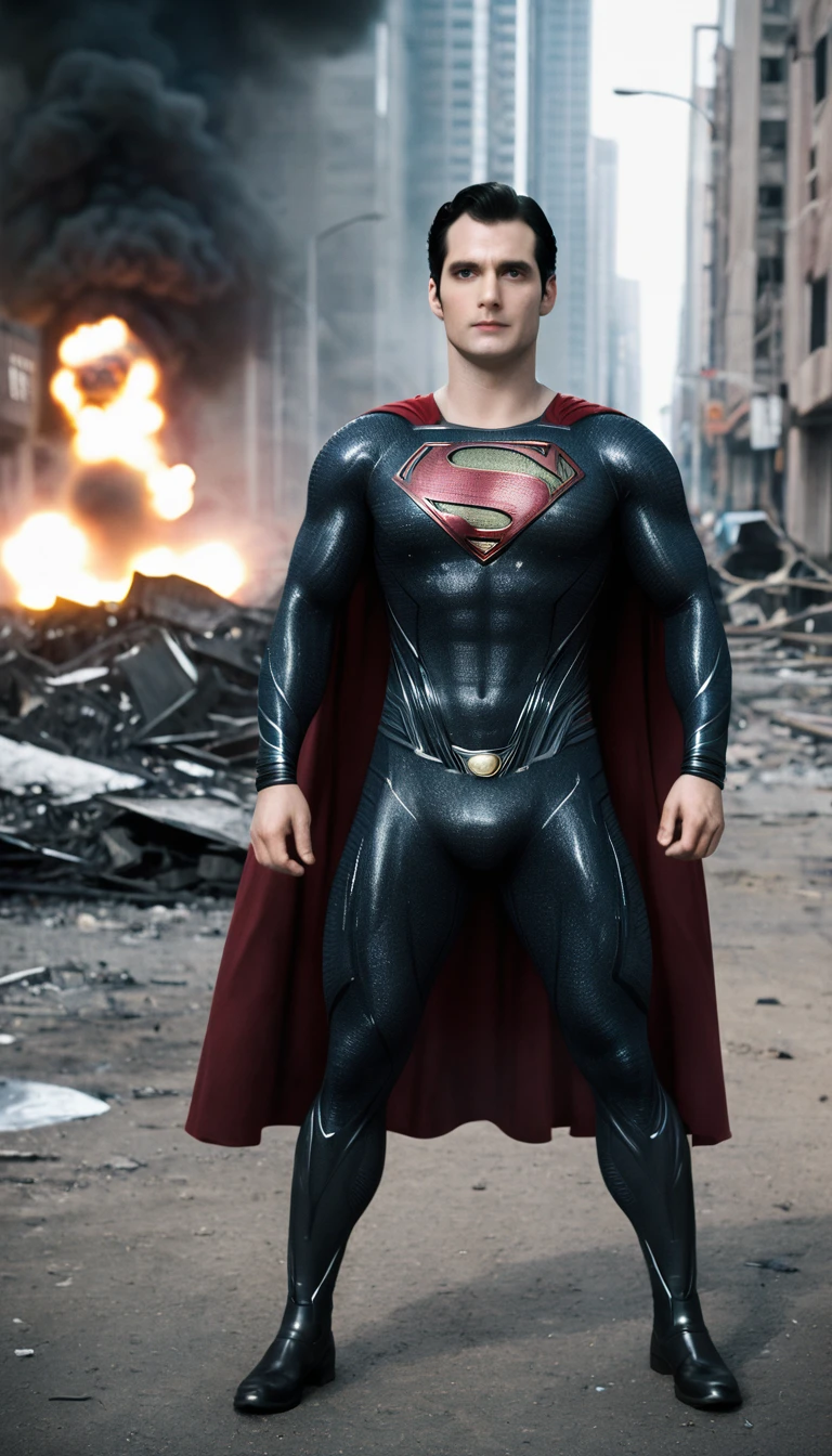 Action shots by M1lly4c0k2222 ((Wearing a more revealing black and silver version of the Superman suit Man of Steel)), Large Breasts, Fit body, (There are explosions in the background,The city is in ruins), Style - BladeRunner2049-8v Intricacy, High Detail, Clear focus, dramatic, ((Reality))