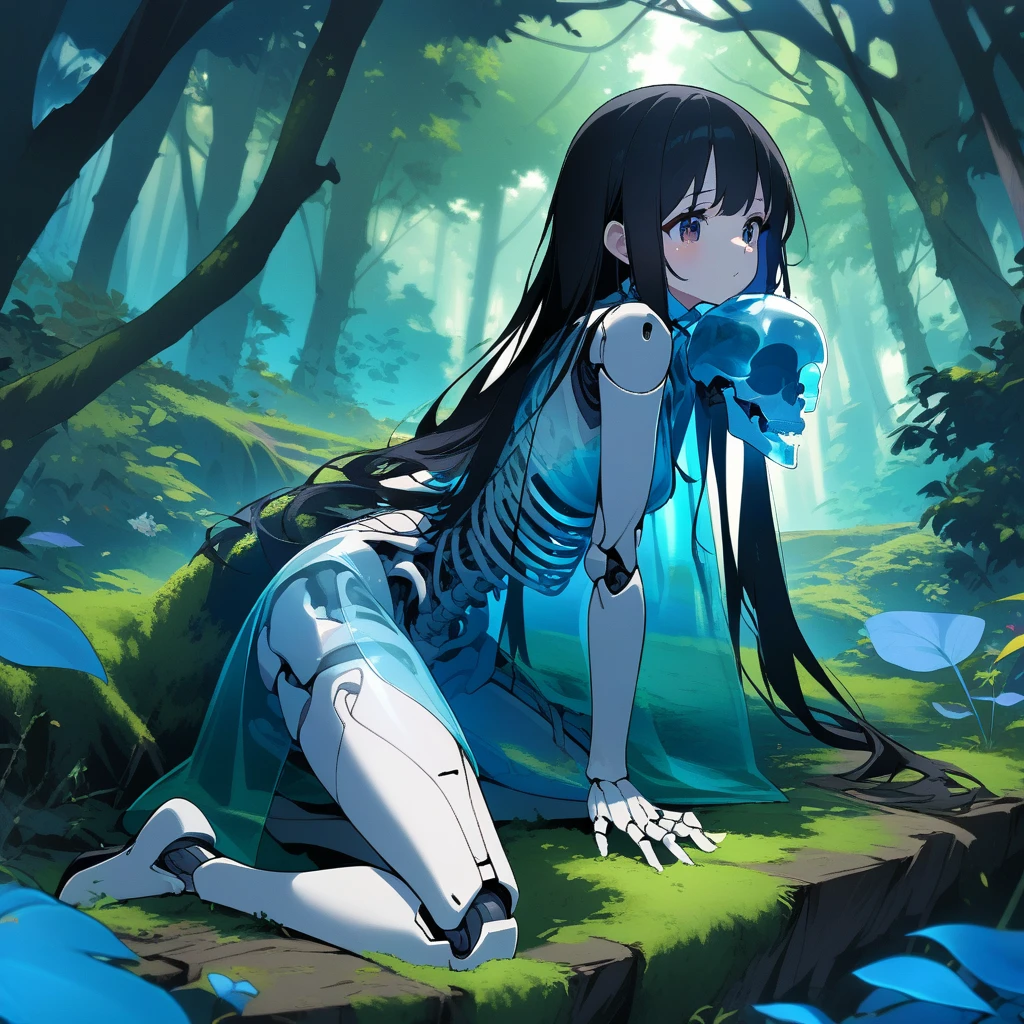 1girl, black hair, skeleton body, Translucent dress、Bones visible, forest, moss on body.、robot joints