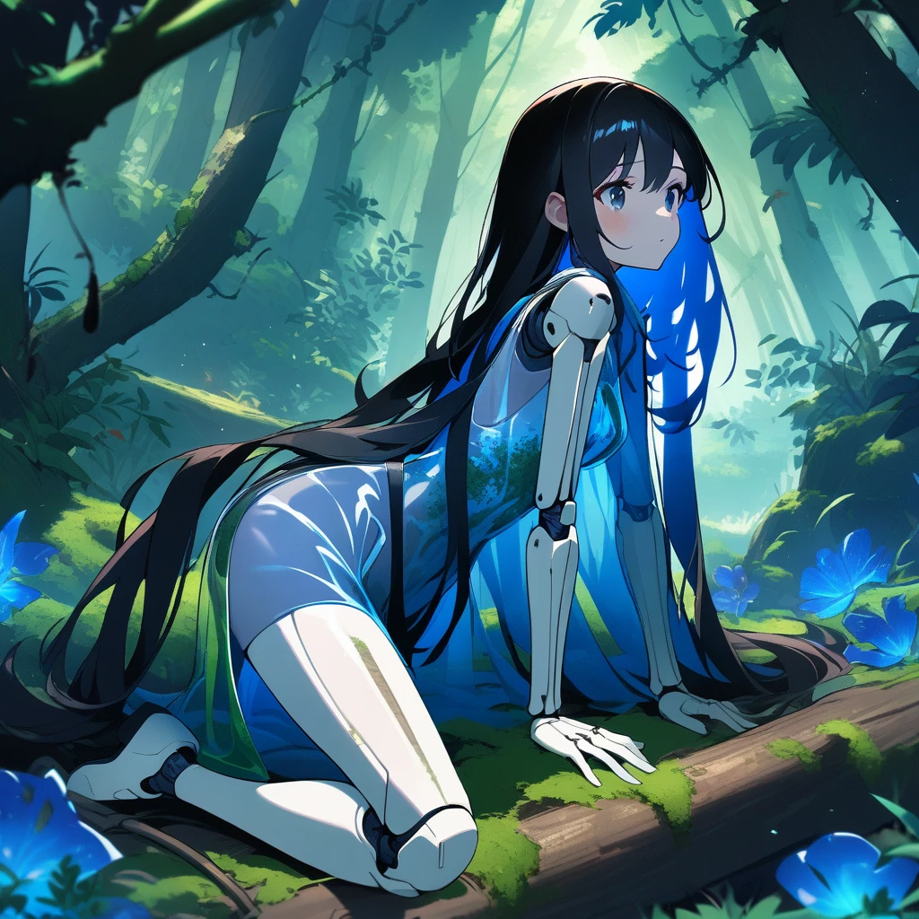 1girl, black hair, skeleton body, Translucent dress、Bones visible, forest, moss on body.、robot joints