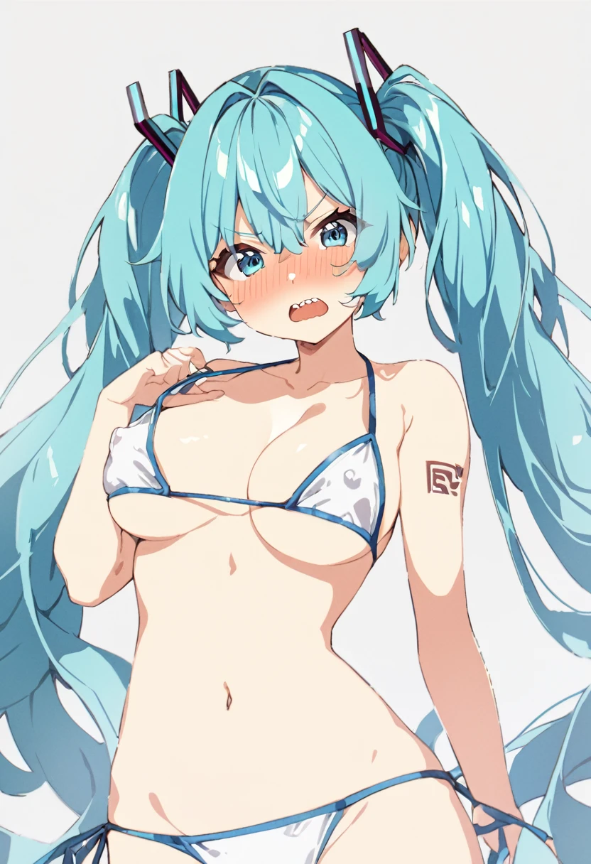  hatsune_miku absurdres commentary_request highres 1girl arm_under_breasts bikini bikini_top_aside blue_bikini blue_eyes blue_hair blush breasts cleavage cowboy_shot embarrassed grey_background hair_between_eyes hair_intakes long_hair looking_at_viewer medium_bangs medium_breasts navel nipples number_tattoo open_mouth orange_hair shoulder_tattoo simple_background solo striped_bikini striped_clothes swimsuit tattoo teeth twintails untied_bikini_bottom upper_teeth_only v-shaped_eyebrows very_long_hair white_bikini