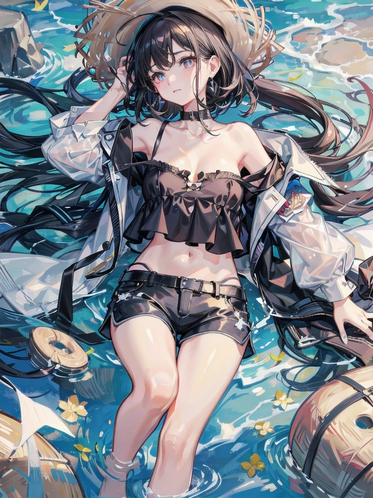 ((((absurdres, RAW photo, extremely delicate and beautiful, masterpiece, Best Quality, ultra high resolution, 32k, hyperrealistic, ultra-detailed)))), in her 20s, very Slim body, narrow waist, very small head, very small face, delicate facial features, beautiful face, beautiful eyes, ((((very huge round tits)))), medium hair, black hair, wavy hair, tearful mole, earring, ((full body shot)), casual, blouse, white shirt, buttoned shirt, bare shoulders, collarbone, midriff, navel, shorts, straw hat,