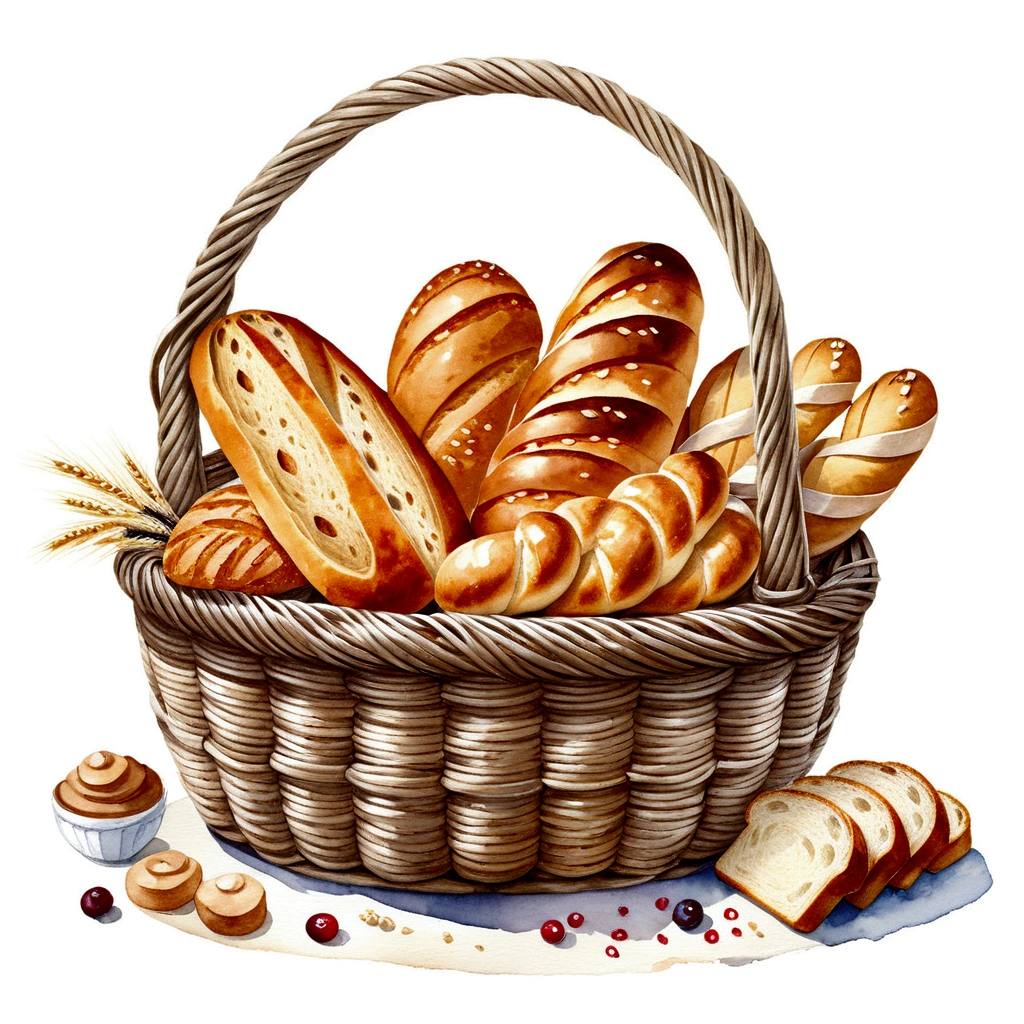 Wooden wicker basket full of bread, Type filled with bread, cake, figure, Bake the ingredients, Isolated on white background, Surrounded by negative space, Configuring centering, 8K, The most detailed painting, Very detailed painting, isolated, transparent white background, Angle of view, Manga style, ((watercolor:1)), Clip art, (roller:Additional Details-XL:1), (masterpiece), (Highest quality), There is no bread on the floor,