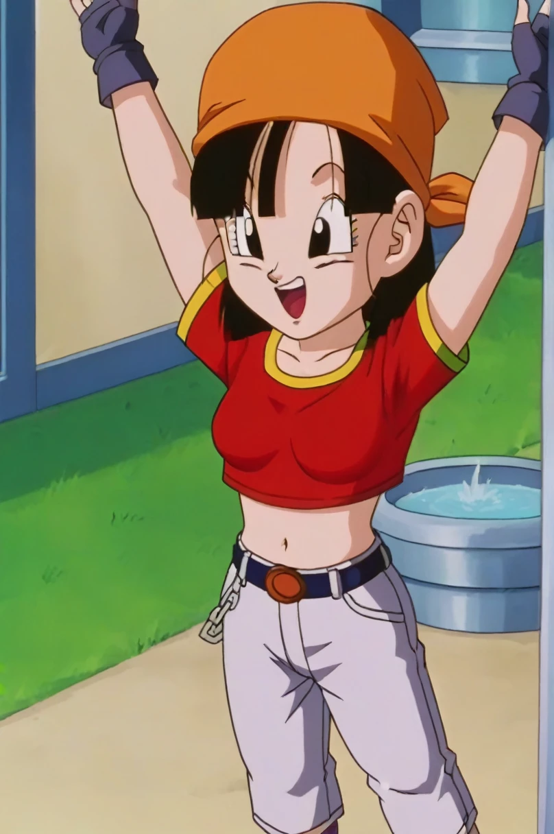 fountain_cheered up, score_9, score_8_above, score_7_above, cheered up screencap,8k, absurd res,
Pan \(dragon ball\), 1 girl, Alone, SMILE, Open mouth, hits, happy, Grass, black fur, field, clavicle, aboveper body, :d, dientes, blunt hits, outdoors, black eyes, arm above, eyelashes, aboveper dientes only, happy, gold trim, in front of the viewer, close-above, bandana, retro artStyle, , 1990s \(Style\), orange bandana, language, raised eyebrows, arms above, short hair, naked, sexy body, ass medium, tits medium, sexy ass, medium breasts, sex anal