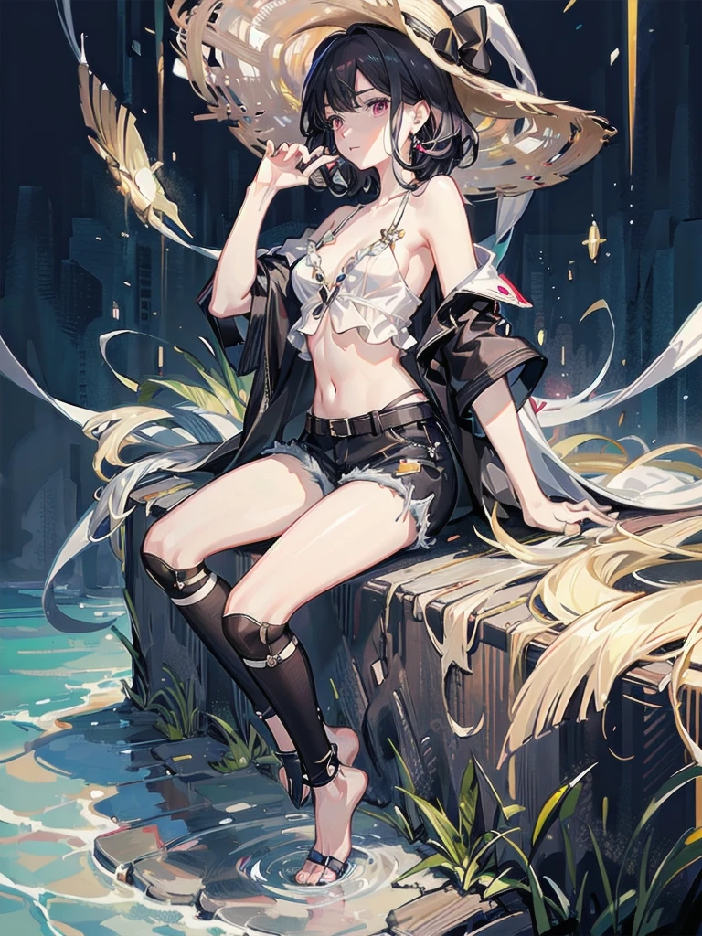 absurdres, RAW photo, extremely delicate and beautiful, masterpiece, Best Quality, ultra high resolution, 32k, hyperrealistic, ultra-detailed, perfect figure, Perfect Style, Perfect balance, in her 20s, very small head, very small face, delicate facial features, tearful mole, earring, very huge breasts, legs, hands, foot, full body shot, medium hair, black hair, colored inner hair, casual, blouse, white shirt, buttoned shirt, bare shoulders, collarbone, midriff, navel, shorts, straw hat,