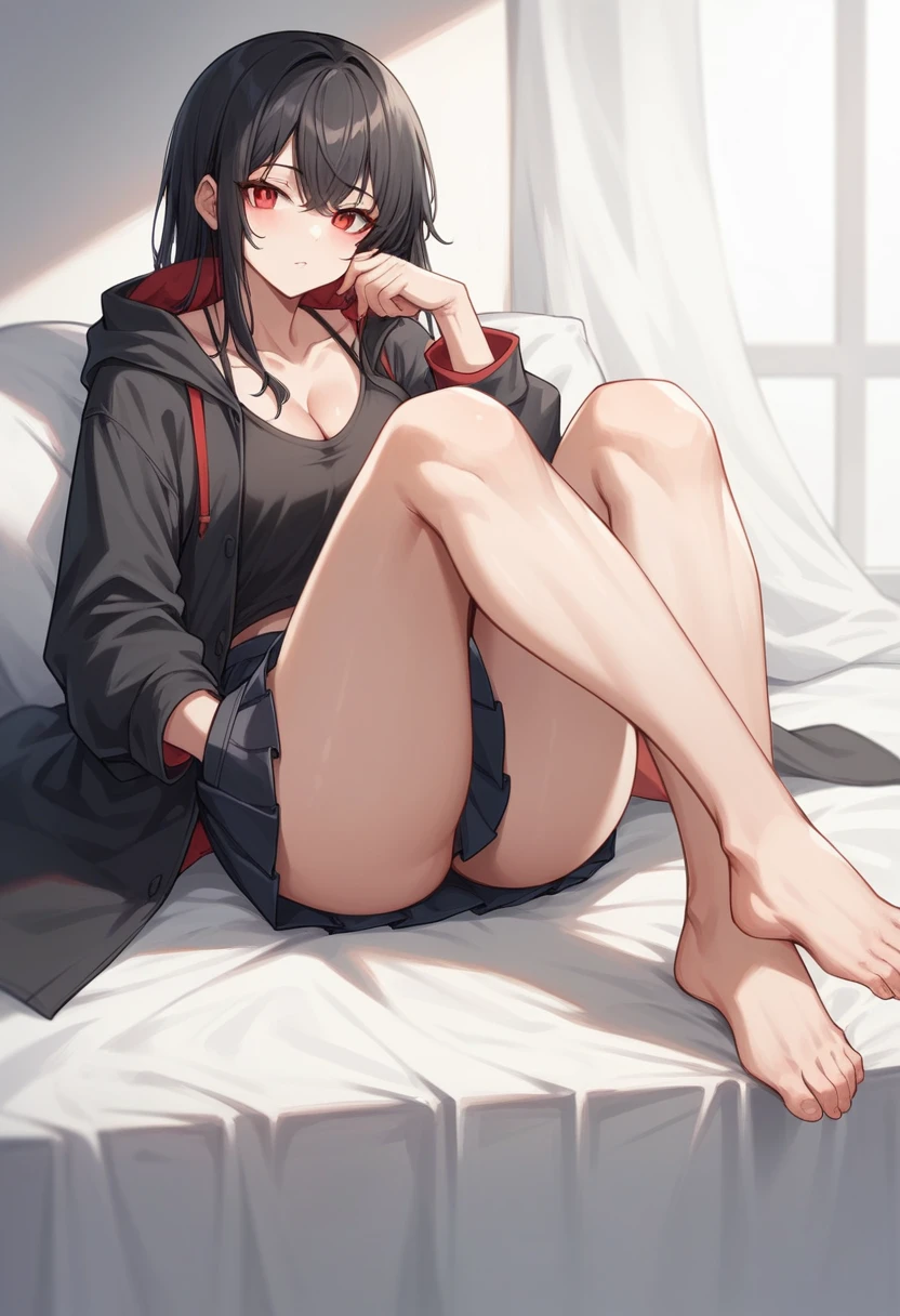 A girl with long black hair is sitting on the bed He is wearing a long coat over a plain black hoodie with a hood Red eyes She is wearing a black pleated skirt tall With bangs Beautiful face Thin legs Smooth, long, straight hair Long and narrow face With waistline The cleavage is visible Keeping your left hand in your pocket Anime Style hair longer than shoulders Crossing your legs