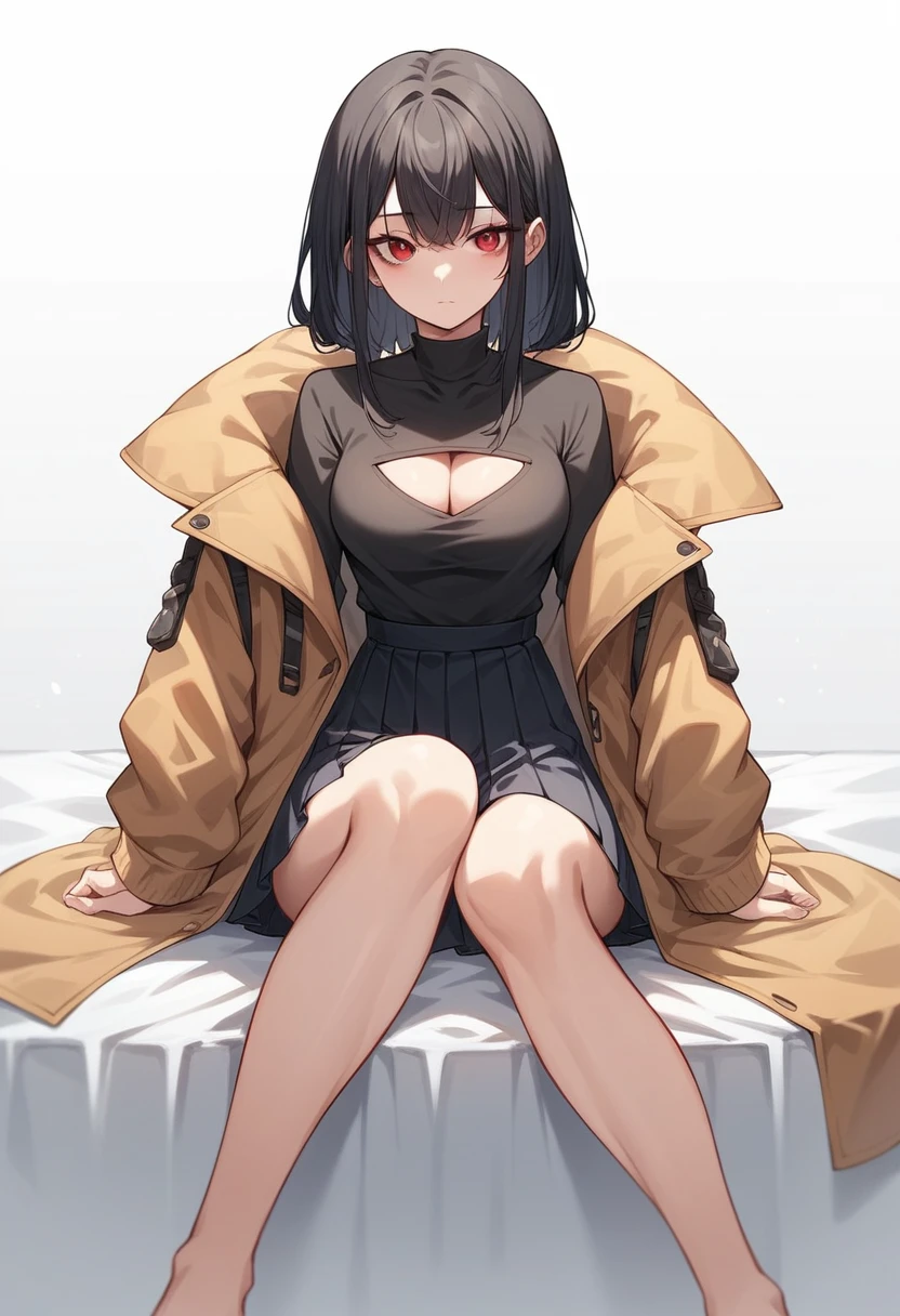 A girl with long black hair is sitting on the bed He is wearing a long coat over a plain black hoodie with a hood Red eyes She is wearing a black pleated skirt tall With bangs Beautiful face Thin legs Smooth, long, straight hair Long and narrow face With waistline The cleavage is visible Keeping your left hand in your pocket Anime Style hair longer than shoulders Crossing your legs