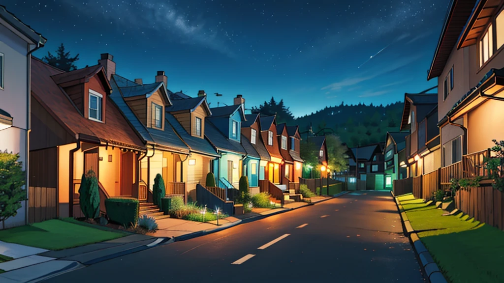 a large street between 2 houses at night, the houses have a grass in front of them, no humans, no persons