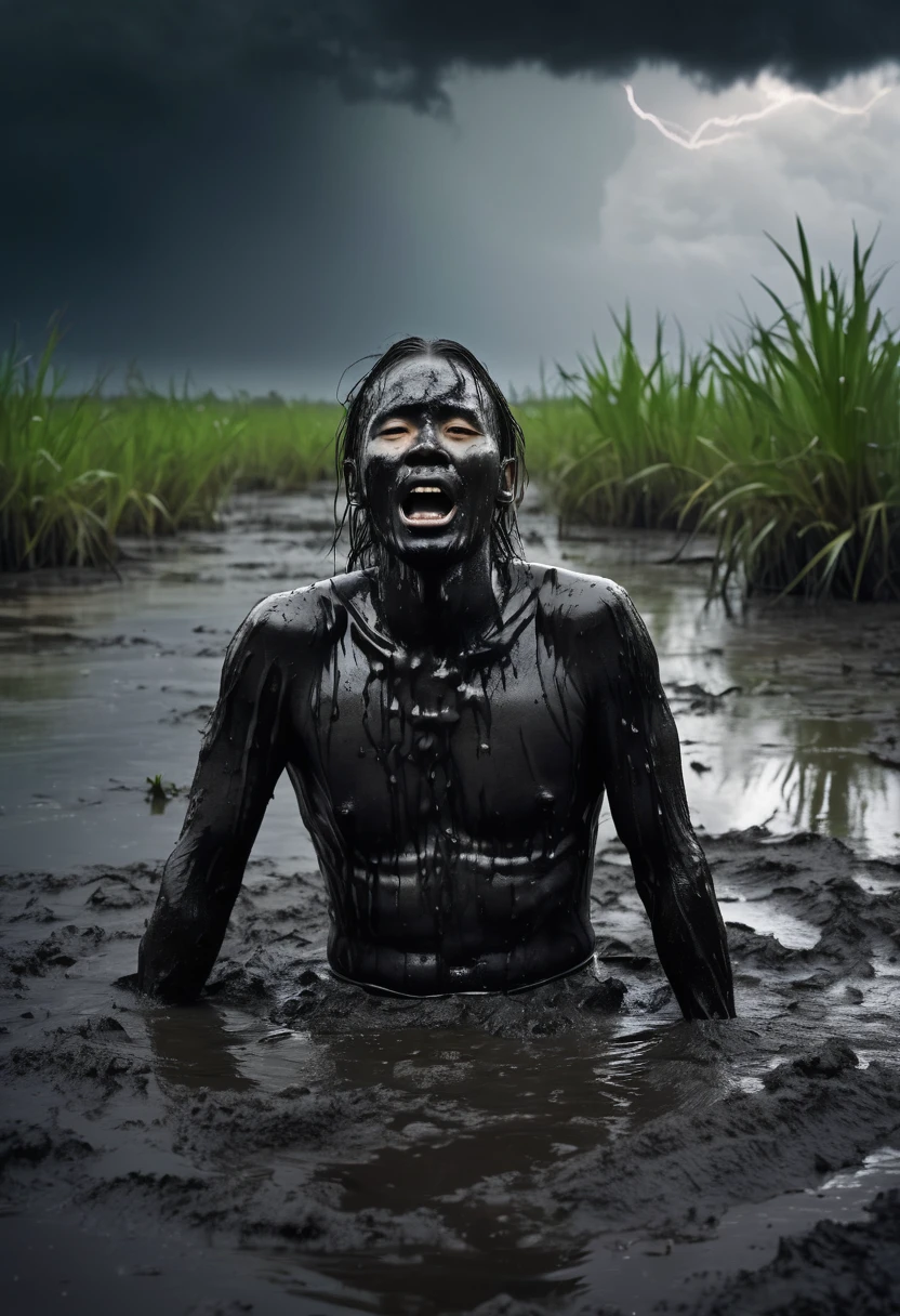 spirit of a man, sinking in black mud, in a dark swamp, the man's appearance is decrepit, as if he were a living dead, the sky is dark with heavy clouds and thunder.