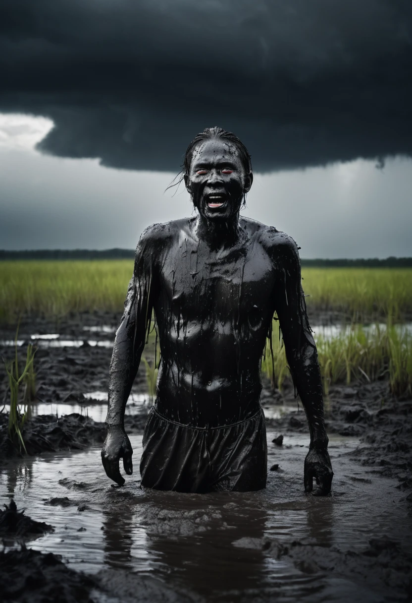spirit of a man, sinking in black mud, in a dark swamp, the man's appearance is decrepit, as if he were a living dead, the sky is dark with heavy clouds and thunder.