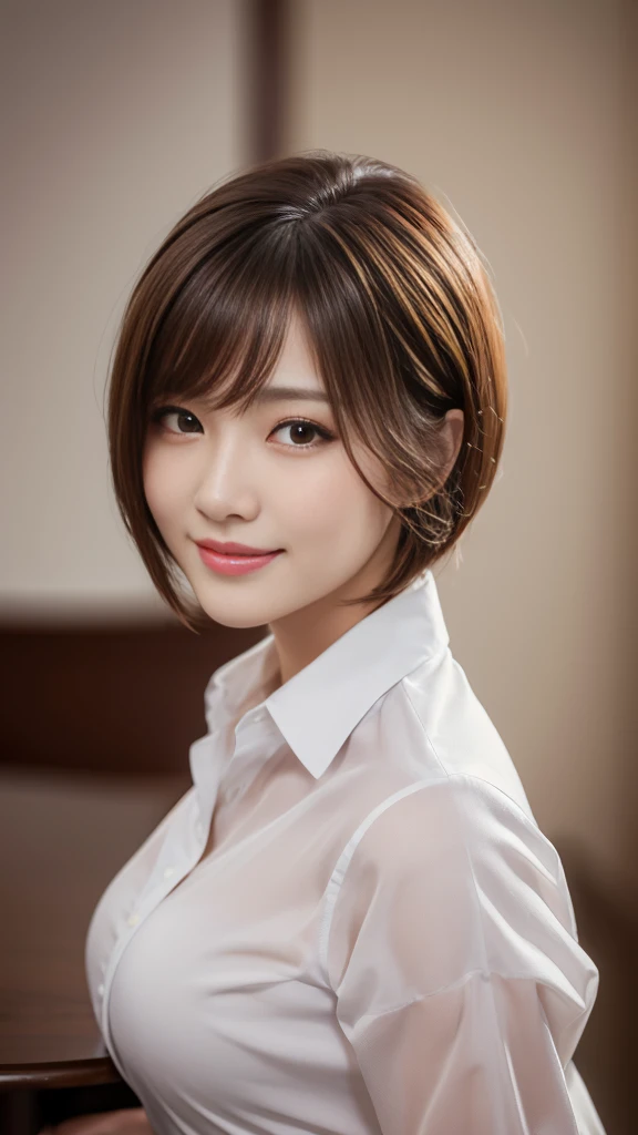 Tabletop, Highest quality, Realistic, Very detailed, finely, High resolution, 8k wallpaper, One beautiful woman,, Wearing a dress shirt、Light brown short stretch hair,........, Sharp focus, Perfect dynamic composition, Beautiful and exquisite, Thinning hair, Detailed Realistic skin texture, smile, Close-up portrait, Model Body Type、president&#39;secretary、mini skirt、High heels、