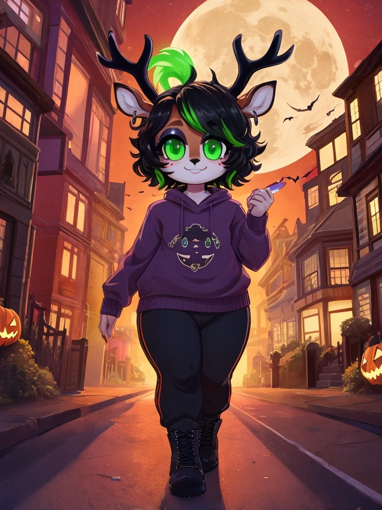 Cute, deer boy, (deer antlers), innocent, chubby, fat, big thighs, androgynous, femboy, short curly hair, black hair, fawn spots, freakles, ((cute)), smiling, walking in a big bustling city, young, cartoony, adorable, deer tail, toxic neon green eyes, black hair, neon green highlights, red sky, Halloween, Halloween decorations, Jack-o'-lanterns, bats, spiders, skeletons, black, purple and orange color scheme, halloween inspired look, wearing a black oversized sweater with black trousers and a long flowing orange cardigan with a black beanie and black combat boots along with minimalist silver jewelry, bat earrings, moon phases rings, Goth makeup, heavy eyeliner and plum and charcoal eyeshadow, walking in a busy streets full of houses at night, good ilumination, full moon 