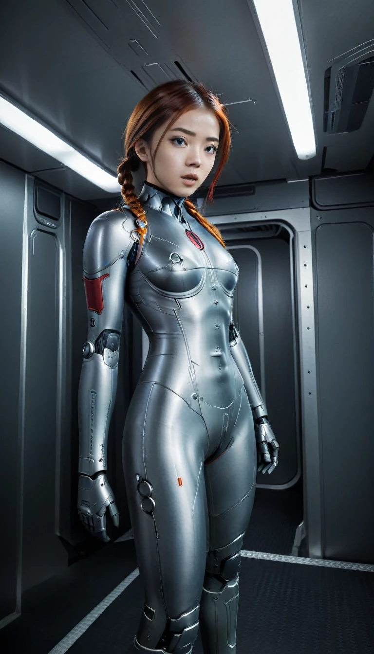 1 Girl、Medium Bust、solo、red Hair、Braid、Mobile Race Suit、Shoulder Armor、ceiling、Wide Shot、Looking Ahead、zipup suit 、Closed Mouth、Highest quality、medium quality、22 years old、Mobile Trace System、cockpit、Asian、CyborgCosplay

