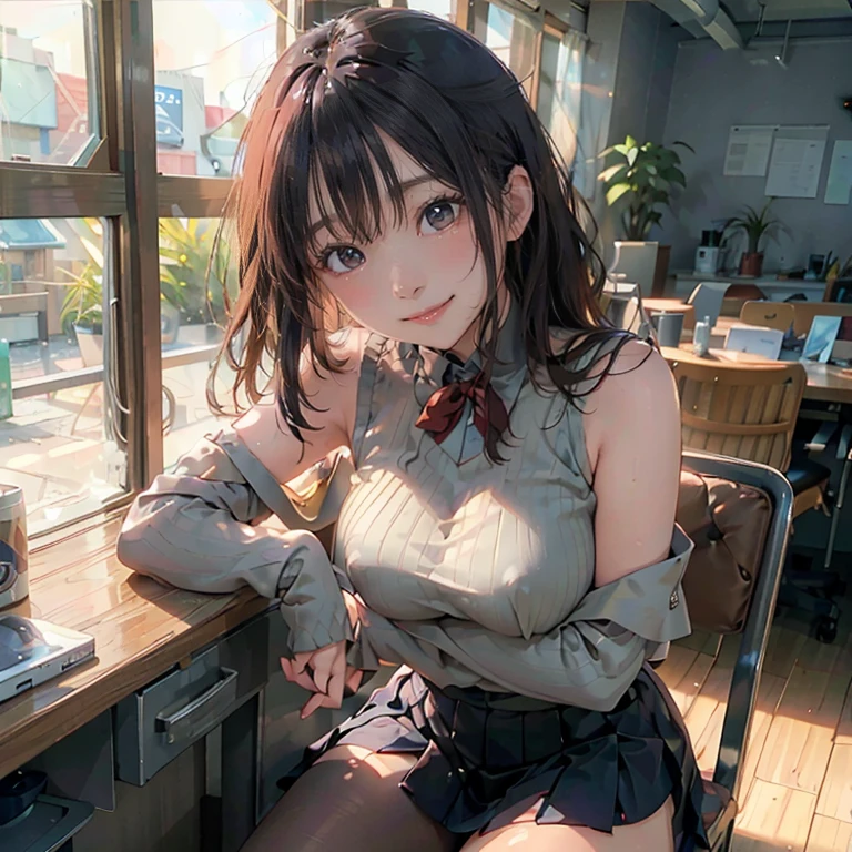 ((((highest quality)))), (((Ultra-precision CG 16K))), (((masterpiece))), (((Very detailed))), (((Extremely detailed))), (((Black outline:1.3, Written boundary depth:1.3 , Written soft outline))), Maximum clarity and sharpness,Multilayer Texture, Surface Shading, Cinematic lighting, Beautiful details sparkle ,Perfect Proportions, Limited to three woman, BREAK accurate, Anatomically correct, Highly detailed face and skin texture, drawn in detail, Highly detailed facial and skin texture, Detailed eyes, beautiful hair, Beautiful Japanese Idol face, Beautiful and beautiful eyes, Beautiful body, Beautiful breasts, Beautiful thighs, Beautiful legs, Beautiful fingers, (Beautiful views) , skinny body, ((Beautiful Skin)), ((Skin Texture)) , solo, limited one girl BREAK breast enlarged, medium Breasts, rocket breasts, (((perky breasts))), ((covered nipples)), slender waist, (smiling , narrow eyes, brown eyes, blush, determined expression, hot, sweaty , Heavy breathing,) BREAK ((streaked hair, hair intakes, colored inner hair, several hairstyles )) BREAK (((wearing oversized character printed tank top, wearing Jersey in a casual way, wearing pleats mini-skirt, pantyhose , breasts is covered by outfit))) , wearing earrings, BREAK ((Leaning back in the chair:1.3) , Stretching-upwards:1.3, stick breast out, cross legs),((( a woman in the office room, serious, holding your knees and sitting chair in the office, looking at display, bust up, cowboy shot))),