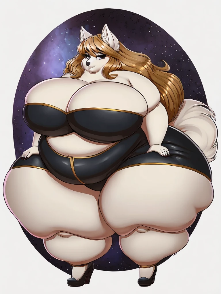 Arctic wolf, female, long hair, huge breasts, huge hips, huge thighs, plump, voluptuous, gorgeous, beautiful, eyelashes, cream hair, bushy hair,thick hair, morbidly obese, big bushy tail 